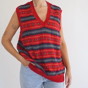 Vintage GAP Red Blue Striped Geometric Knit Cotton Sweater Vest Preppy XL